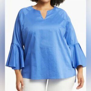 Harshman Blouse Zenaida Indigo Blue Top Flared Bell Sleeve Plus Size V-Neck